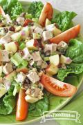 Bowl of turkey cubes, apples and an array of chopped vegetables over a bed of lettuce. 