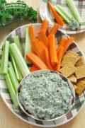 Cottage cheese and kale-based dip served with celery, carrot sticks and crackers.