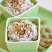 Creamy rice pudding topped with chopped almonds. 