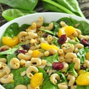 Bowl of a mix of macaroni noodles, spinach, oranges and dried cranberries.