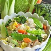 Bowl of rice, egg and vegetable mix.
