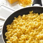 Skillet with cheesy macaroni noodles. 