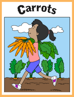 Example of filled-in kids coloring sheet with female running with carrots in garden