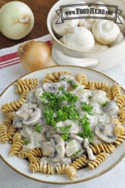 Rotini noodles with a cream and mushroom sauce.
