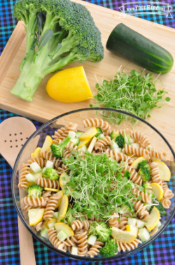 Big bowl of spiral pasta with vegetables.