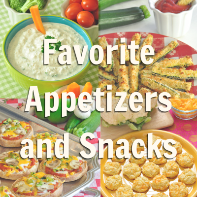 blog promotion with four different recipe images of appetizers and snacks