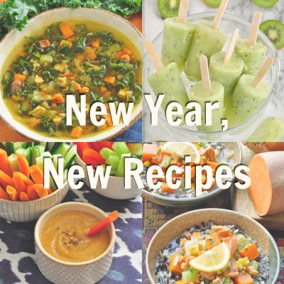 blog promotion that includes four different recipe images for the january blog post "new year, new recipes"