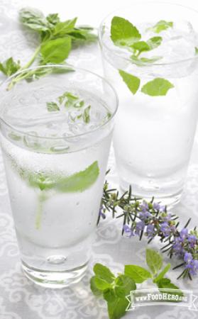 Glasses of ice water with mint and rosemary.