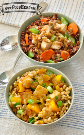 Two versions of a grain bowl with vegetables and chicken or tofu.