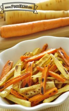 Bowl of golden, tender carrot and parsnip sticks.