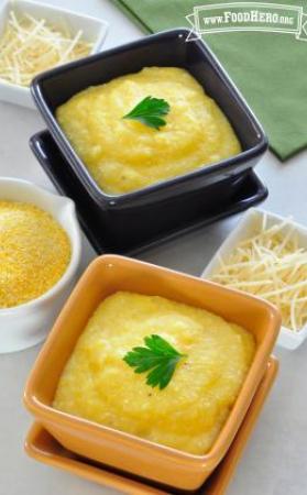 Bowls of fine textured corn grits. 