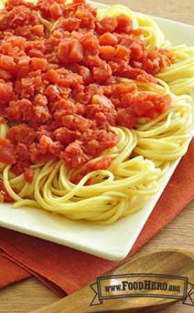 Tomato sauce served over spaghetti noodles.