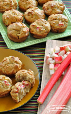 Platter of muffins with small pink rhubarb pieces. 