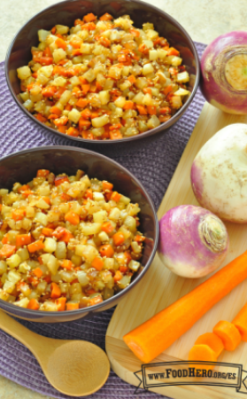 Tazones de nabos y zanahorias en cubitos con salsa.