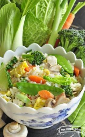 Bowl of rice, egg and vegetable mix.