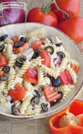 Bowl of spiral pasta, chicken and vegetables.