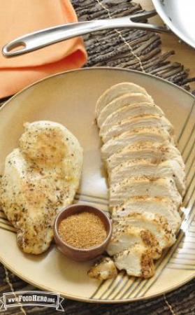 Plate with seasoned and browned chicken breasts. 