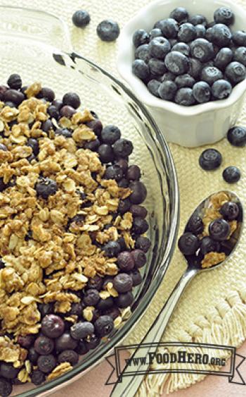 A dish of baked blueberries with a golden oat topping.