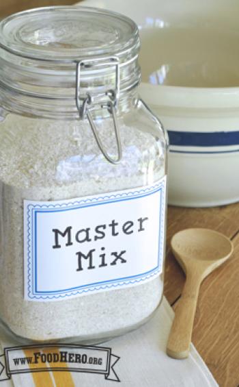 Glass jar labeled Master Mix with a flour-based baking mix.
