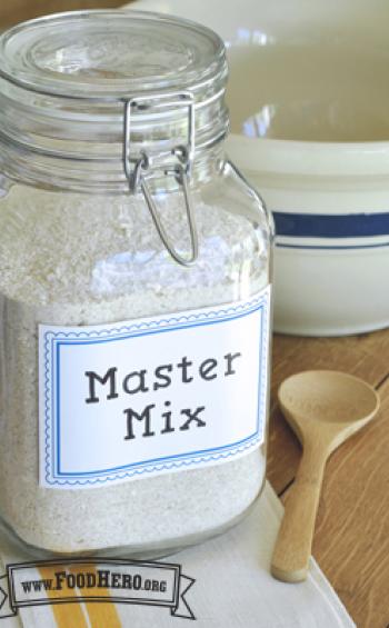 Glass jar labeled Master Mix with a flour-based baking mix. 