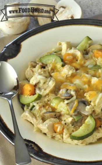 Rice, chicken, vegetable and cheese dish.