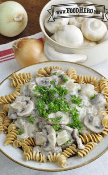 Rotini noodles with a cream and mushroom sauce.