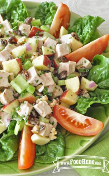 Bowl of turkey cubes, apples and an array of chopped vegetables over a bed of lettuce. 