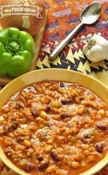 Bowl of turkey and bean soup.