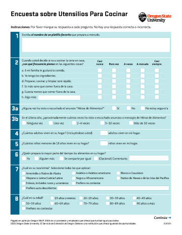 Cooking Tools Survey (2 pages) - Spanish 